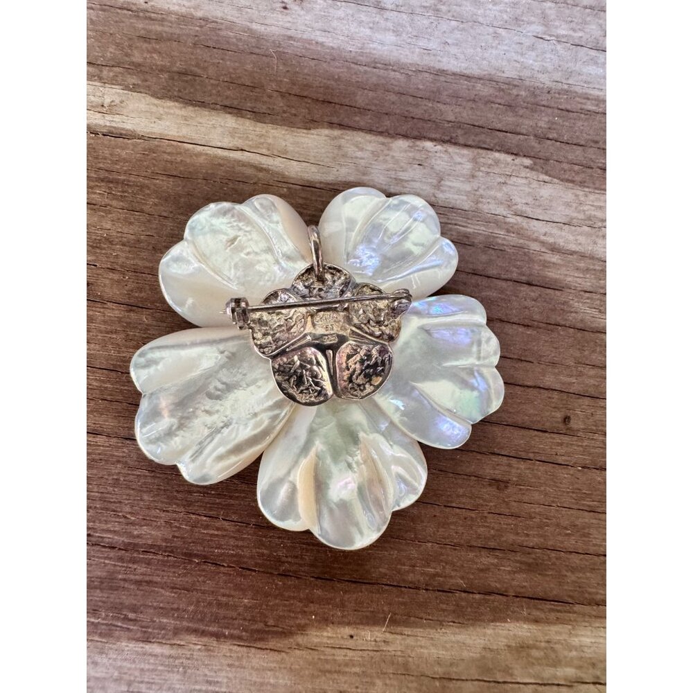 Vintage Mother Of Pearl Sterling Silver Floral Brooch With Pendant Bezel - Picture 3 of 7